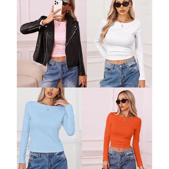 Women's Cropped Boat Neck Long Sleeve Top Cotton Spandex Fall Casual - Picture 5 of 5